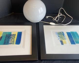 Two Framed, Matted,And Signed Abstract Monotype Prints And A Round Lamp
