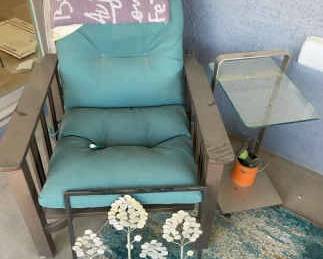Outdoor Metal Chair With Cushions, Small Glass Side Table And Metal Wall Hanging Piece