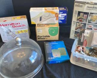 Cookie Press, Glass Cake Dome, Portable Mixer, Mandolin Slicer, Hand Blender And More 
