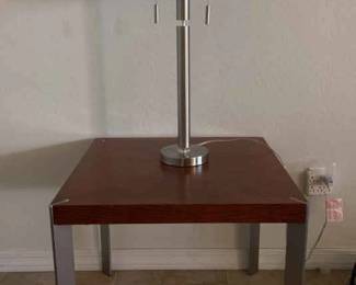 Wood Like End Table Silver Colored Duel Lightbulb Lamp 