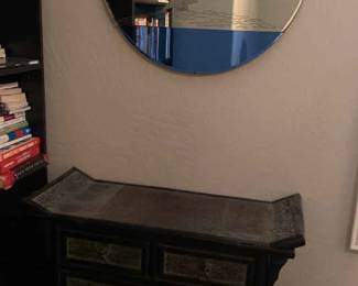 Console Table With An AsianInspired Design  Cool Looking Mirror 