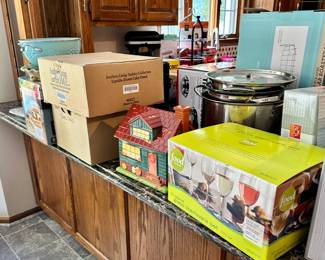Pictures cannot really show all the baking, catering, party and cooking items at this sale -- many with box or new in box! Cookie jar, Wine Glasses