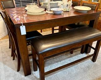 Counter Top Table w/6 Chairs & Dining Bench / leather & wood / excellent 