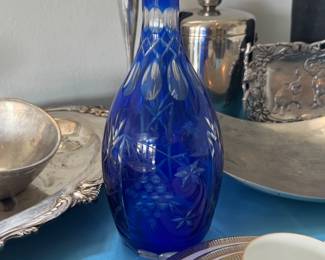 Vintage Cobalt Cut Glass Decanter 