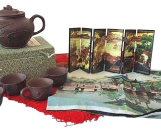 Asian Red Satin Tablecloth, Tapestry, Tea Set Small Folding Screen
