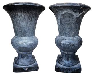 Two 21.5 Tall Glazed Terracotta Pedestal Flower Pots
