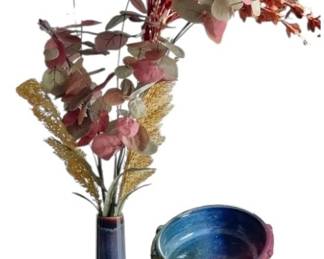 Tina Mare Signed 1989 Pottery Bowl Blue Pottery Vase