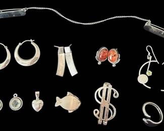Sterling Silver Earrings, Ring, Pendants, More 54.85g Total