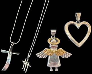 Sterling Silver Cross Necklaces, Angel Pendant, Heart Pendant 49.22g Total