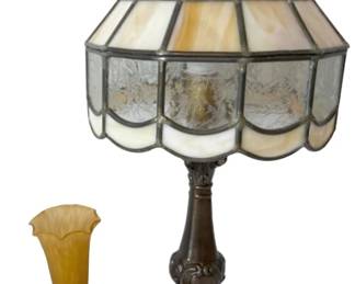 Ornate Stained Glass Table Lamp And Small Amber Glass Lamp