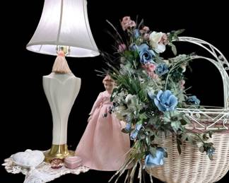Blushing Beauties Basket, Floral Wedgwood Trinket Dish, Lamp, Porcelain Doll