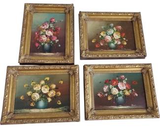 Four Small Floral Bouquet Oil Paintings In Gold Ornate Frames