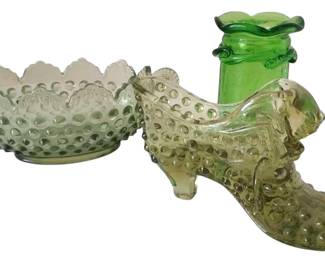 Fenton Green Hobnail Cat Head Slipper, DoubleHanded Dish, Blown Glass Vase