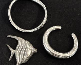 Two Sterling Silver Bracelets Fish Brooch Made in Mexico 76.93g