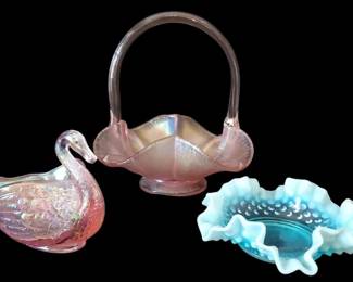 Fenton Pink Irridescent Glass Basket, Blue Fenton Hobnail Dish, Imperial Glass Swan