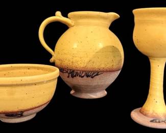 Yellow Handthrown Pottery Pieces Signed