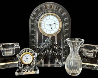005 Waterford Crystal Clocks Vase, and Orrefors Block Candle Holders