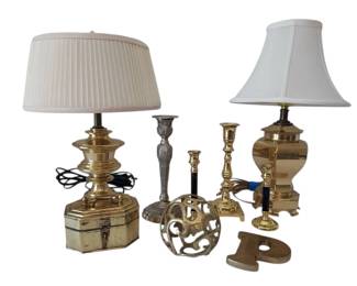 Two Small Brass Lamps, Candlestick Holders, More