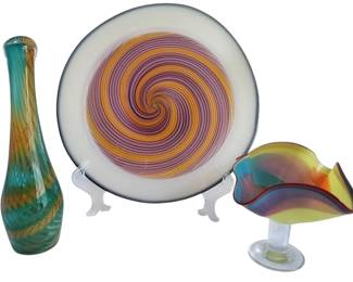 Blown Glass Vase, Compote, Plate Some Signed