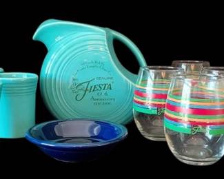 Fiestaware 60th Anniversary Pitcher, Turquoise Cups, Rainbow Striped Glasses