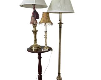 Gold BrassToned Lamps w Wooden Side Table