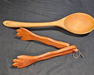 Hand Carved Cherry Wood Tongs & Jerka Ladle