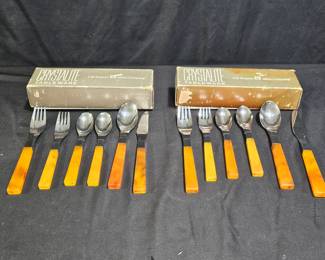 2 Vtg FB Rogers Tortoise Crystalite Tableware Sets