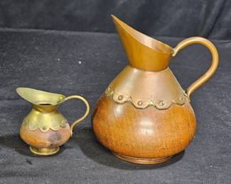 2 Vintage Copper Brass & Wood Pitchers