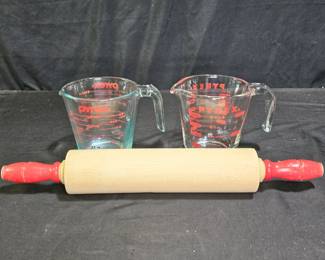 Two 2-Cup Pyrex Measuring Cups & Rolling Pin
