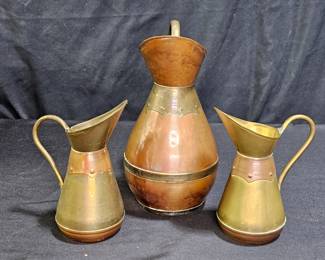 3 Vintage Flemish Copper & Brass Pitchers