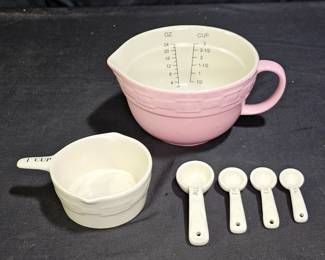 Longaberger Pottery Bowl, Measure Cup & Spoons