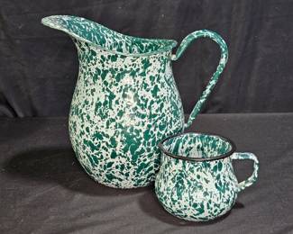 Green Splatter Enamelware Water Pitcher & Creamer