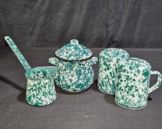 Green Splatter Enamelware S/P, Dipper, Sugar Bowl