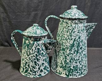 2 Green Splatter Enamelware Coffee Pots