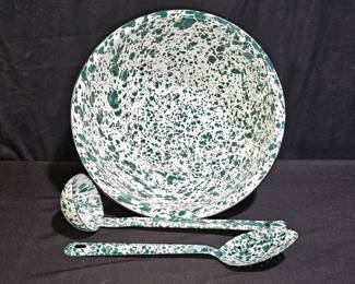 Green Splatter Enamelware Basin, Ladle, Spoon