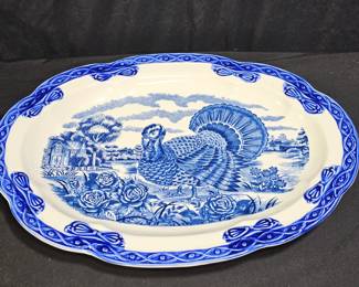 Vintage Blue Transferware Turkey Serving Platter