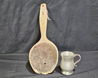Antique Wooden Dough Spoon & English Pewter Stein