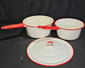 3 Pieces Vintage White Enamelware with Red Trim