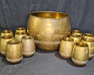 Brass Star Embossed Punch Bowl with 12 Cups