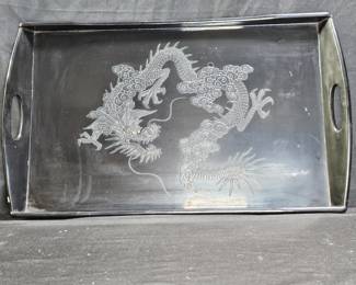 VTG Black Japanese Lacquer Tray with Dragon