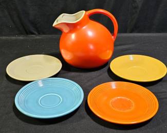 4 Fiestaware Saucers & Vintage Hall Ball Pitcher