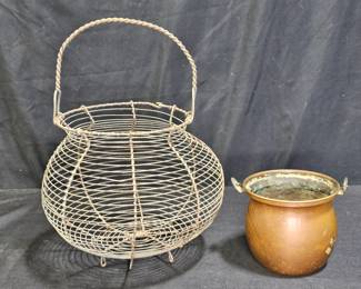 Antique Egg basket & Vintage Uvelco Copper Pot