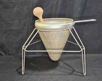 Vtg Aluminum Food Mill With Wooden Pestle & Stand