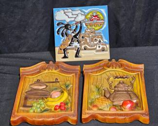 Art Tile Trivet & 2 Enesco Kitchen Wall Plaques