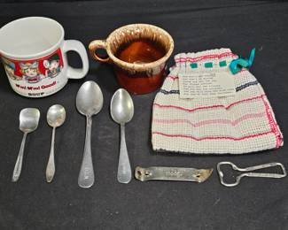 Vtg Cups, Spoons, Bottle Opener, & Novelty Cloth