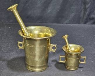 2 Antique Solid Brass Mortar & Pestle