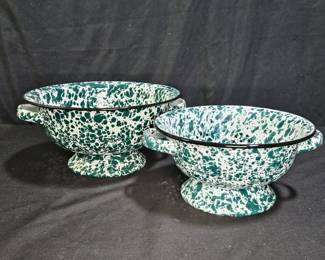 2 Green Splatter Enamelware Colanders