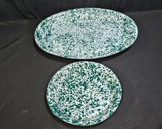 Green Splatter Enamelware Pie Pan & Serving Tray