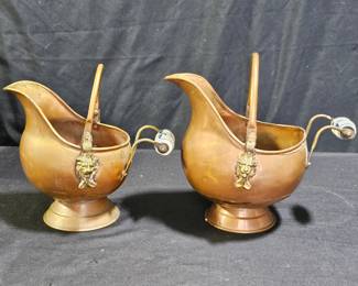 2 Vtg Unique Copper Watering Bowl w/ Delft Handles