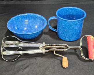 Blue Speckled Bowl & Cup Plus Androck Egg Beater